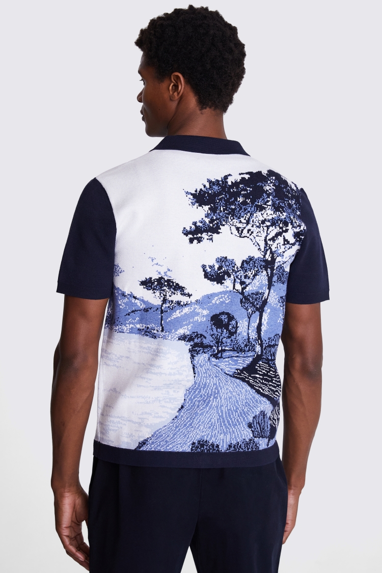 Blue Landscape Jacquard Knitted Cuban Shirt