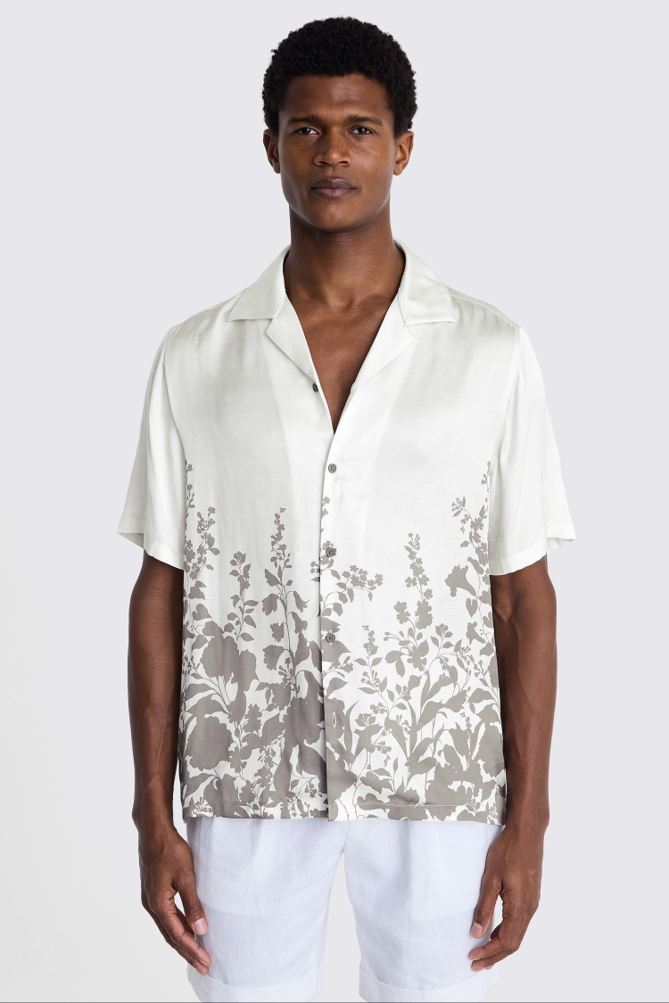 Taupe Floral Print Cuban Collar Shirt