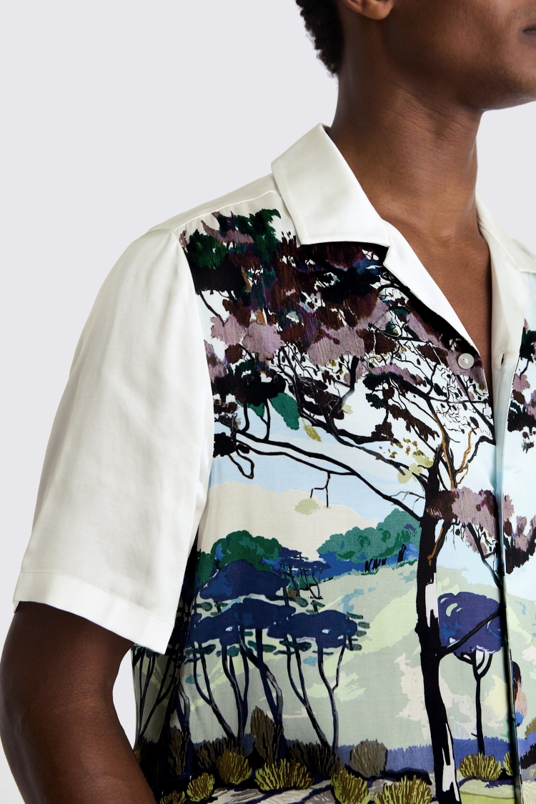 Landscape Print Cuban Collar Shirt 