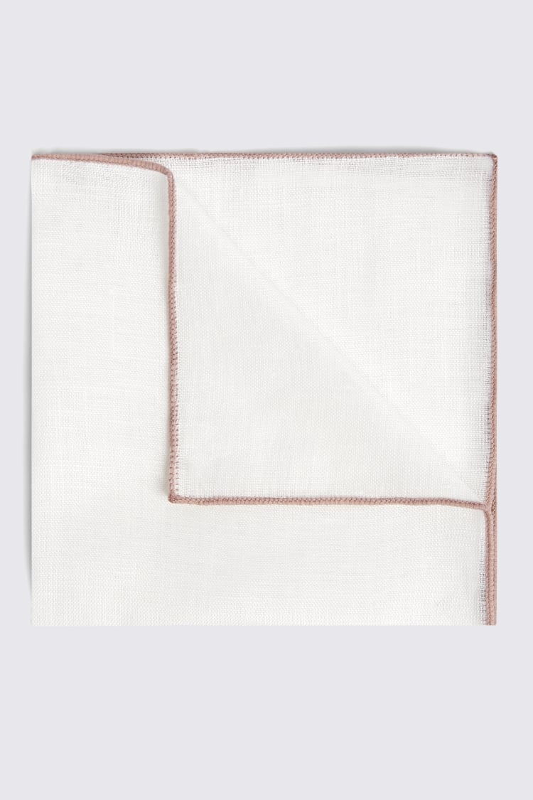 White Linen Pocket Square With Dusty Pink Border