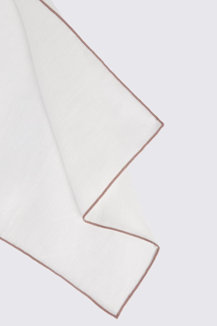 White Linen Pocket Square With Dusty Pink Border