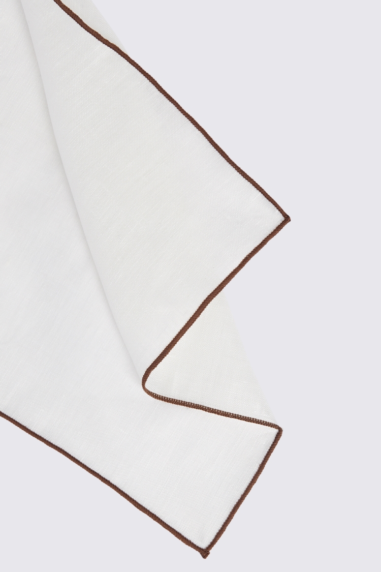 White Linen Pocket Square With Chocolate Border