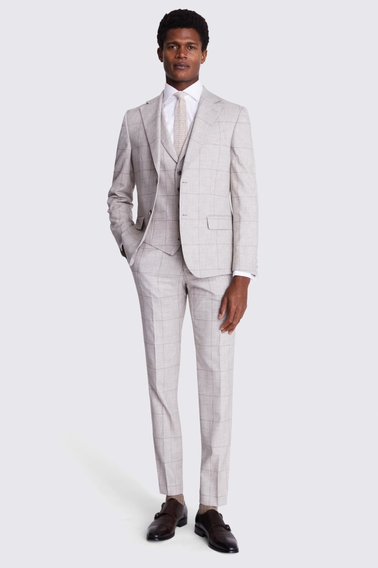 Italian Tailored Fit Taupe Check Suit