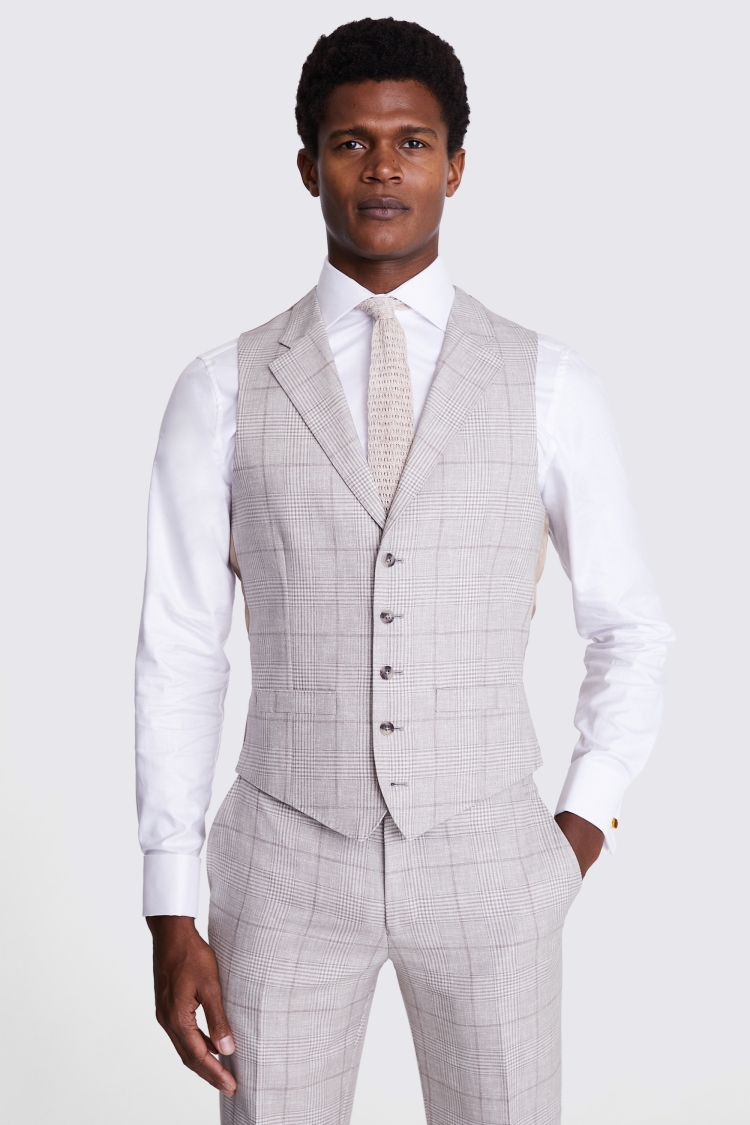 Italian Tailored Fit Taupe Check Waistcoat