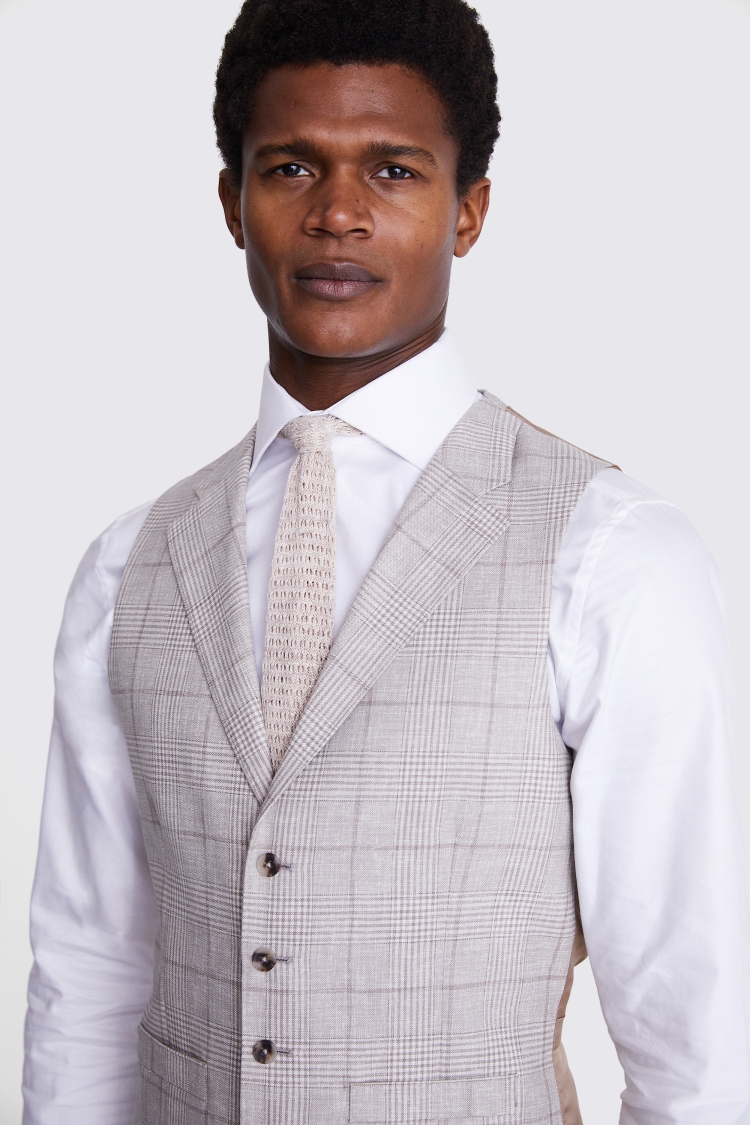 Italian Tailored Fit Taupe Check Waistcoat