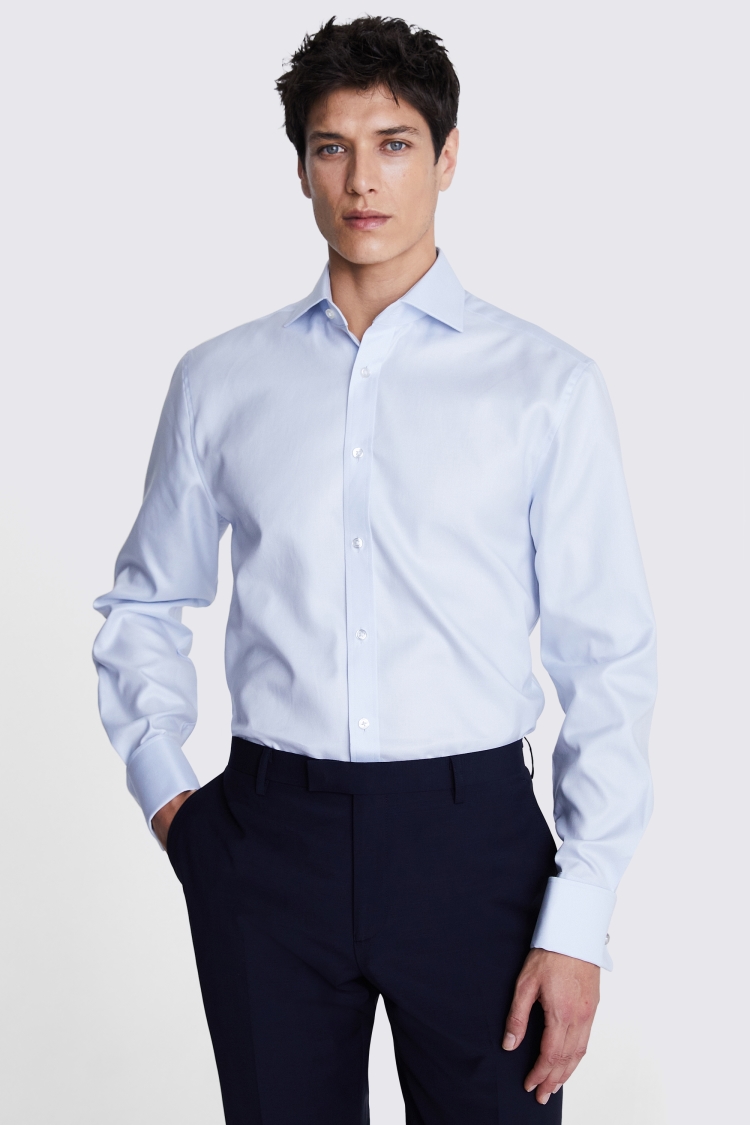 Executive Light Blue Twill Cotton Fitted Shirt - Double Cuff