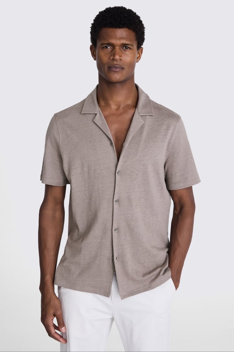 Dark Taupe Linen Blend Knitted Cuban Collar Shirt