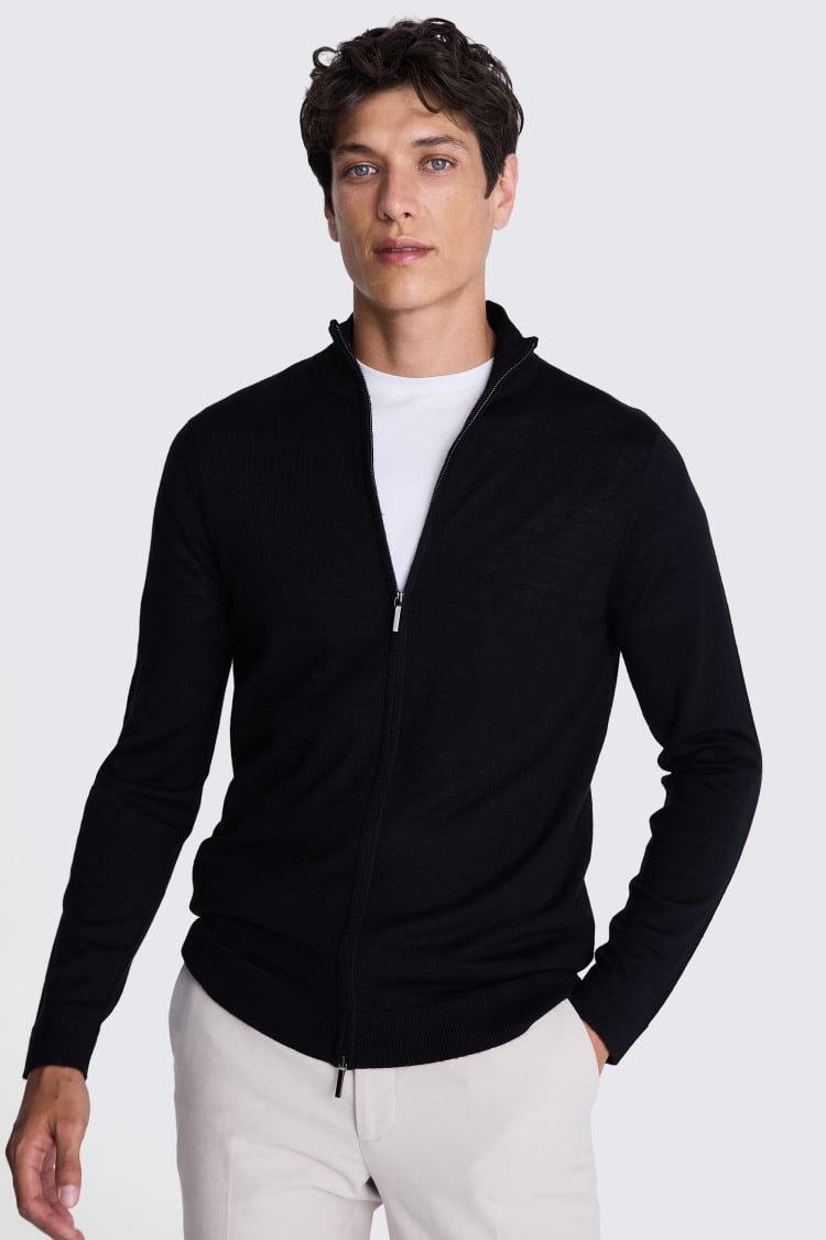 Black Merino Zip Down Funnel-Neck