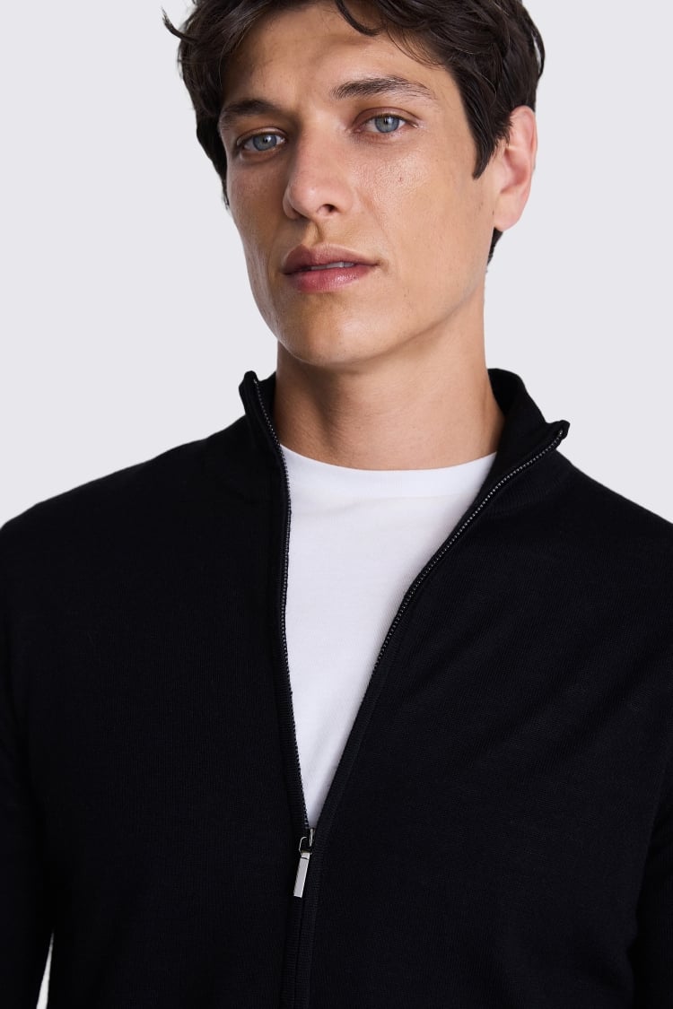 Black Merino Zip Down Funnel-Neck