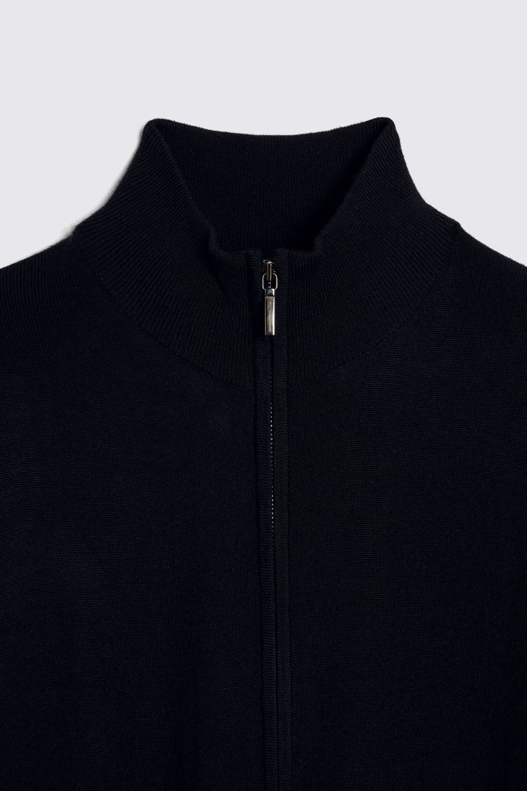 Black Merino Zip Down Funnel-Neck