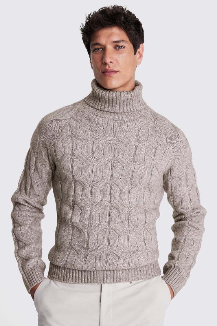 Taupe Cable Roll-Neck Jumper