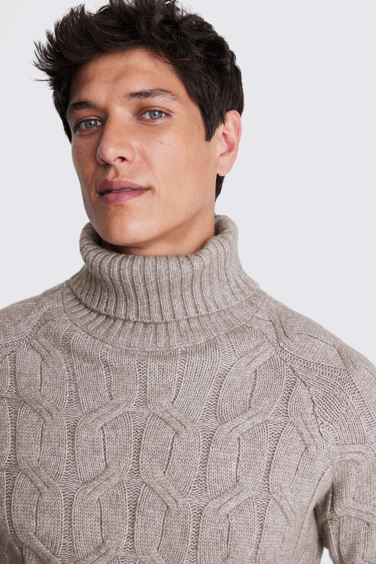 Taupe Cable Roll-Neck Jumper