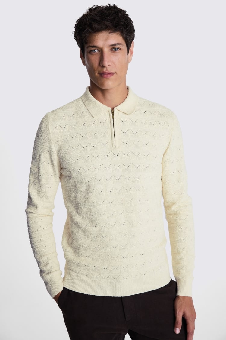 Ecru Cable Bouclé Zip Polo