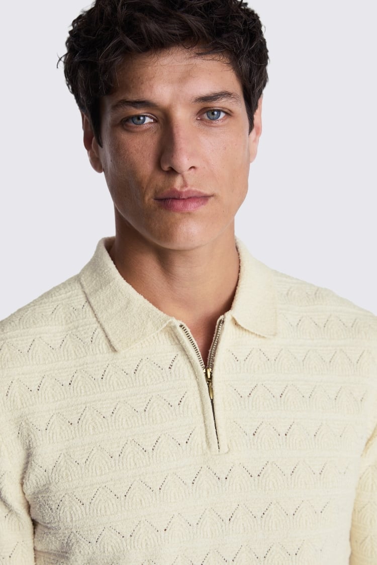 Ecru Cable Bouclé Zip Polo