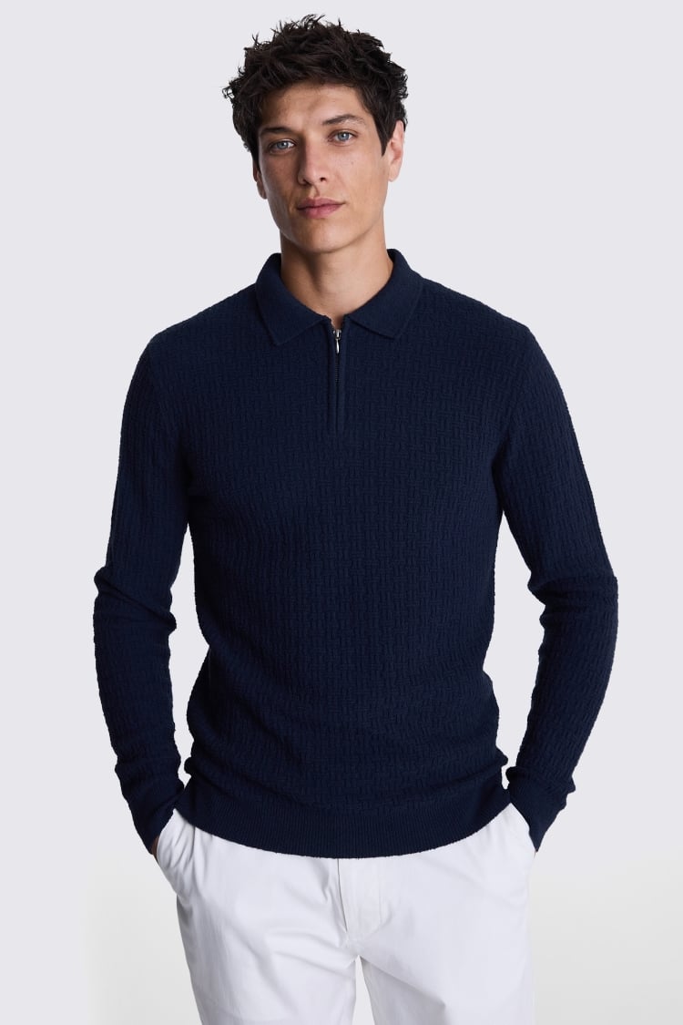 Navy Bouclé Zip Polo