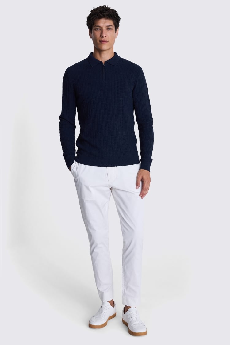 Navy Bouclé Zip Polo