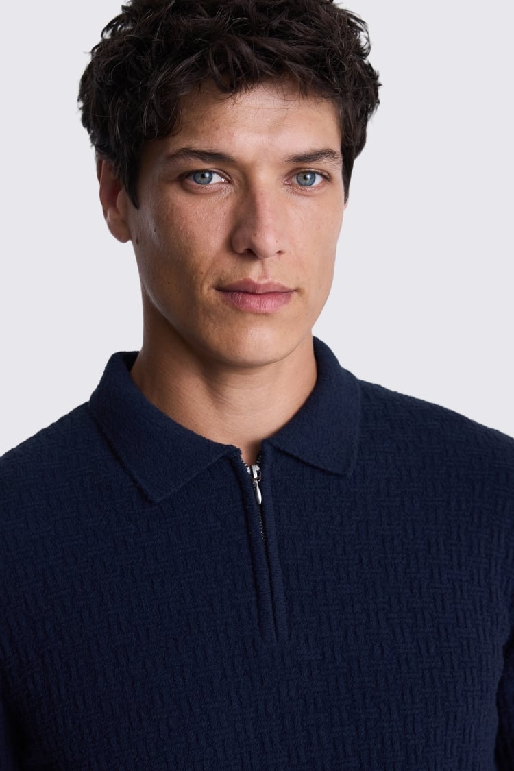 Navy Bouclé Zip Polo