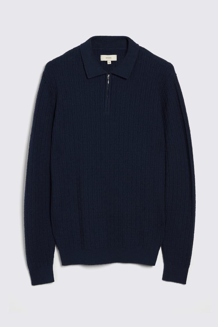 Navy Bouclé Zip Polo