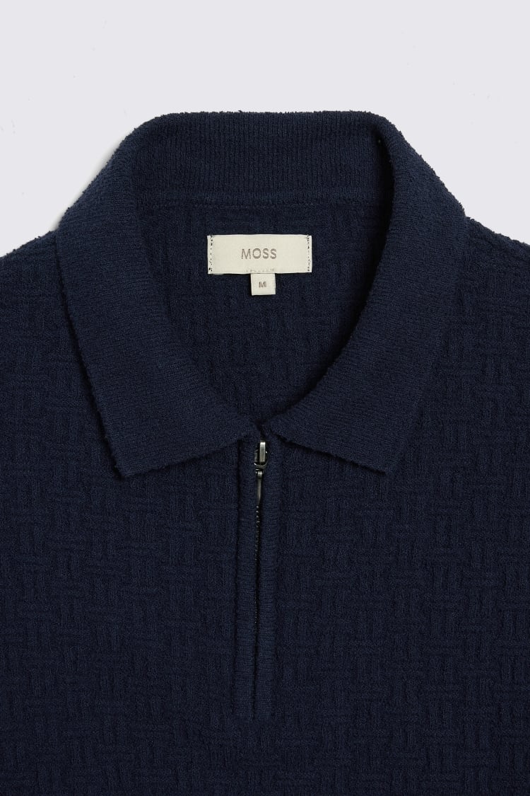 Navy Bouclé Zip Polo