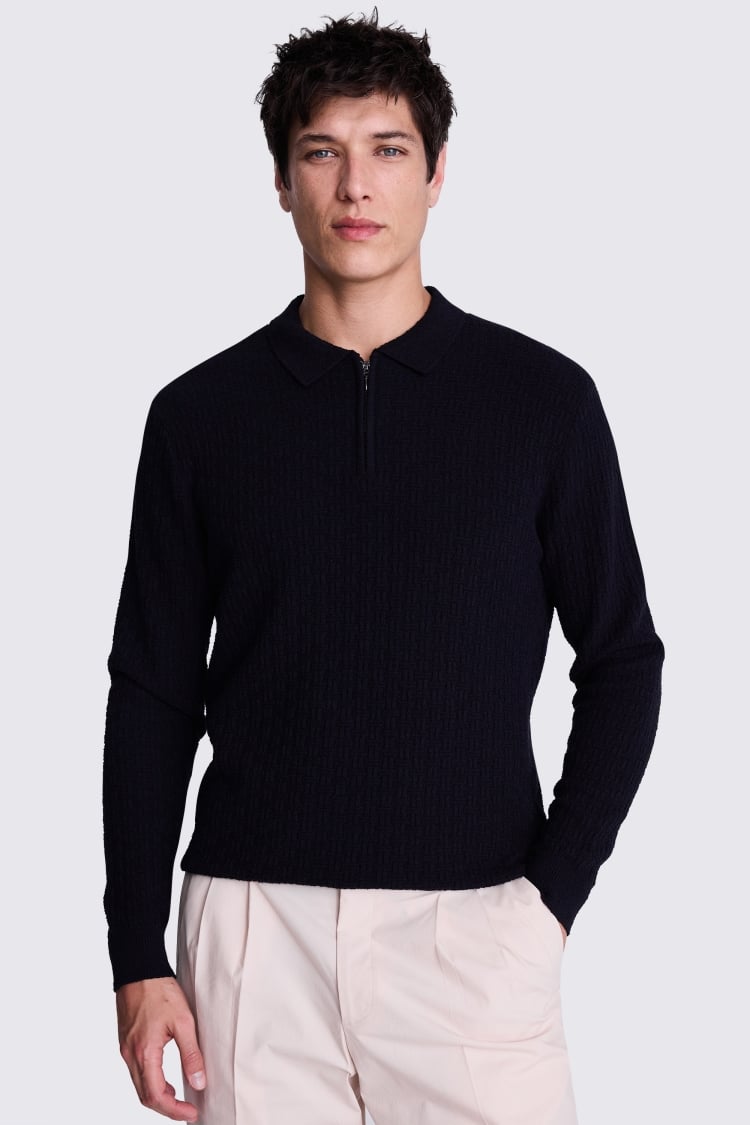 Black Bouclé Zip Polo