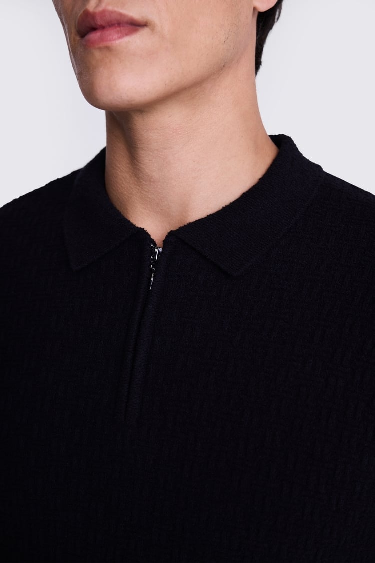 Black Bouclé Zip Polo