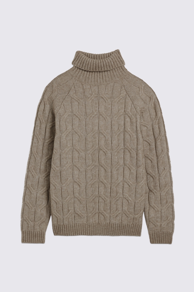 Taupe Cable Roll Neck Jumper