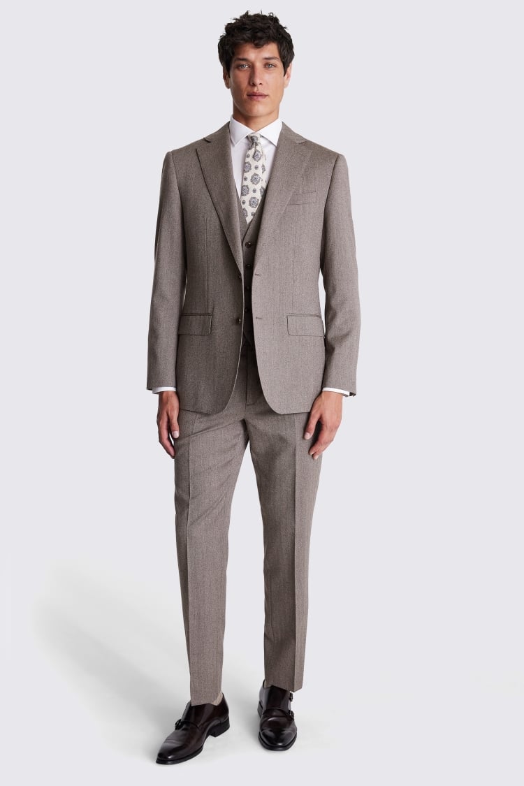 Regular Fit Half Canvas Brown Herringbone Suit