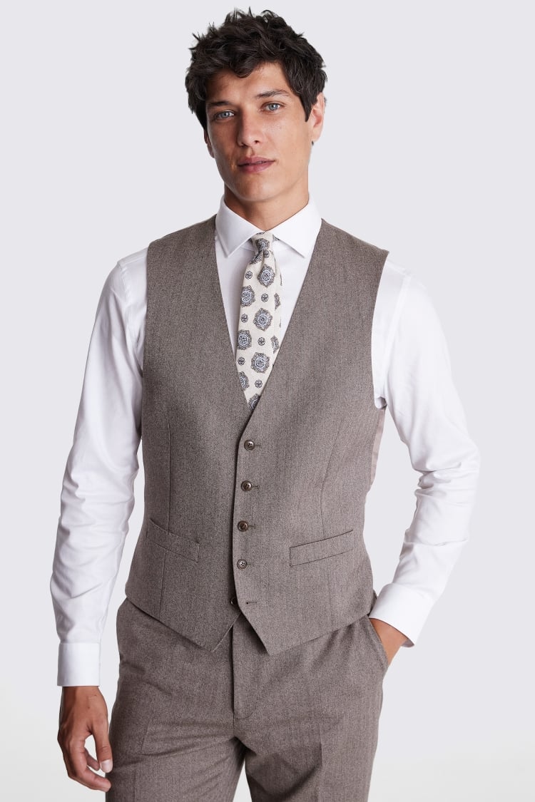 Regular Fit Half Canvas Brown Herringbone Waistcoat