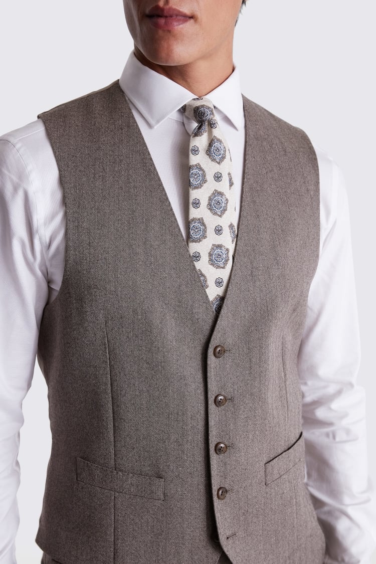 Regular Fit Half Canvas Brown Herringbone Waistcoat