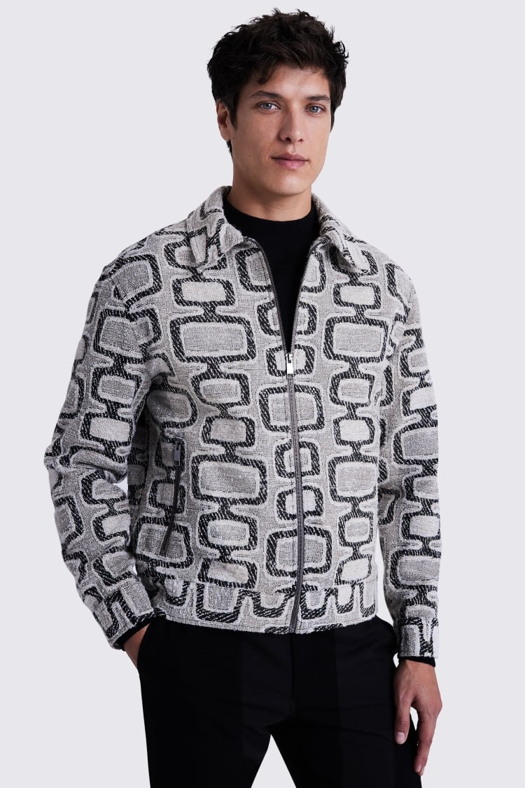 Black and Off-White Jacquard Zip Jacket