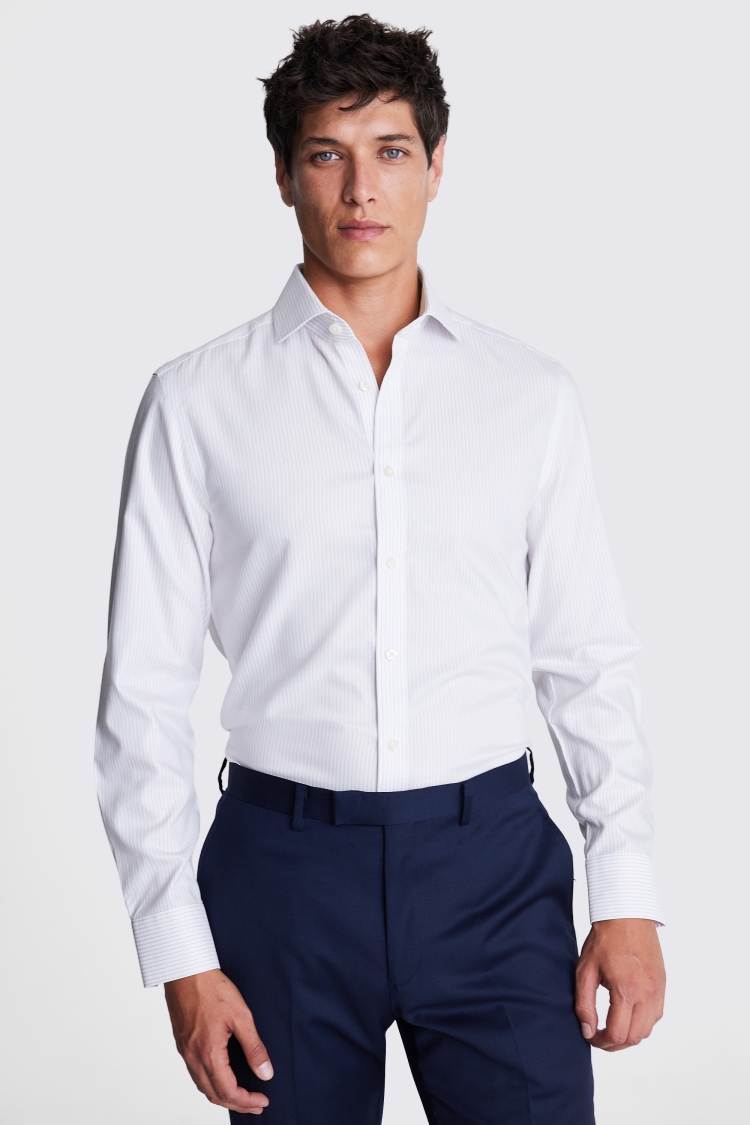 Tailored Fit Non-Iron Neutral Royal Oxford Stripe