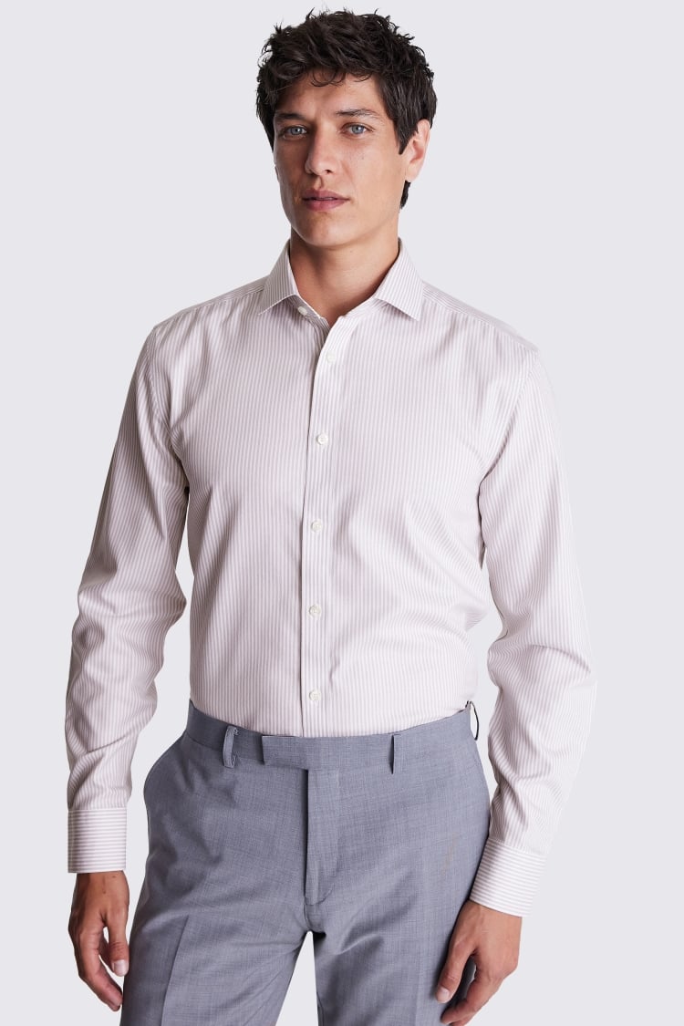 Tailored Fit Non-Iron Taupe Twill Stripe Shirt