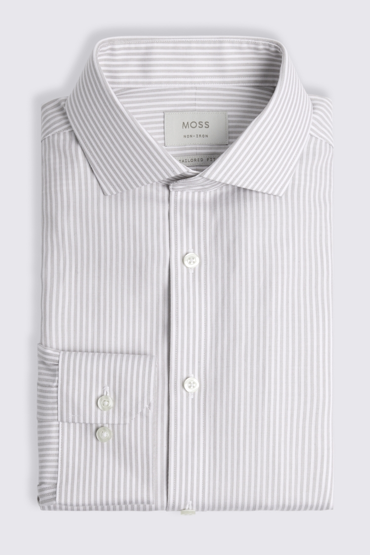 Tailored Fit Non-Iron Taupe Twill Stripe Shirt 