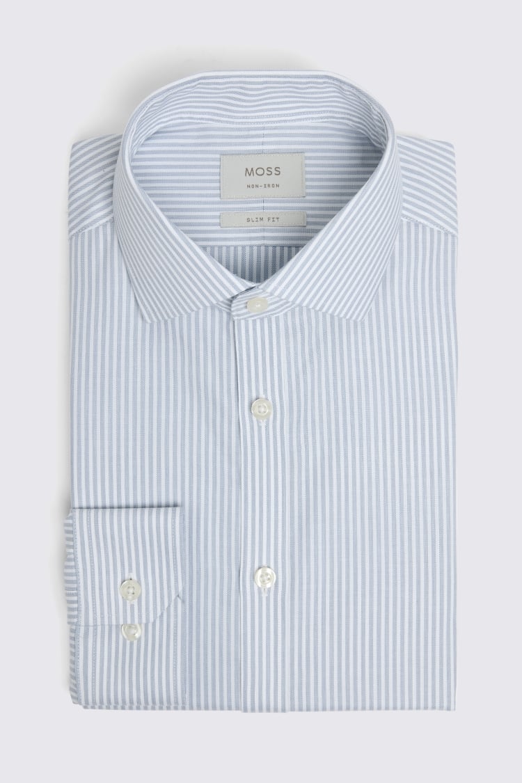 Slim Fit Blue Twill Stripe Non-Iron Shirt