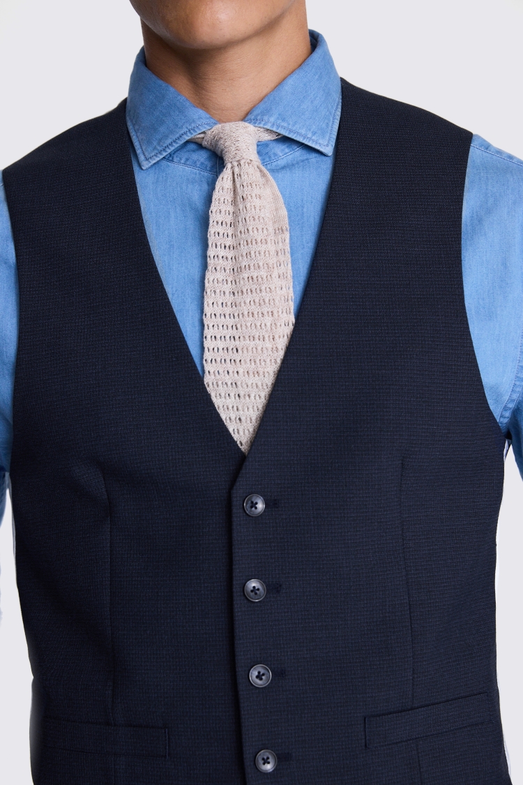 French Connection Slim Fit Blue Mini Check Waistcoat 