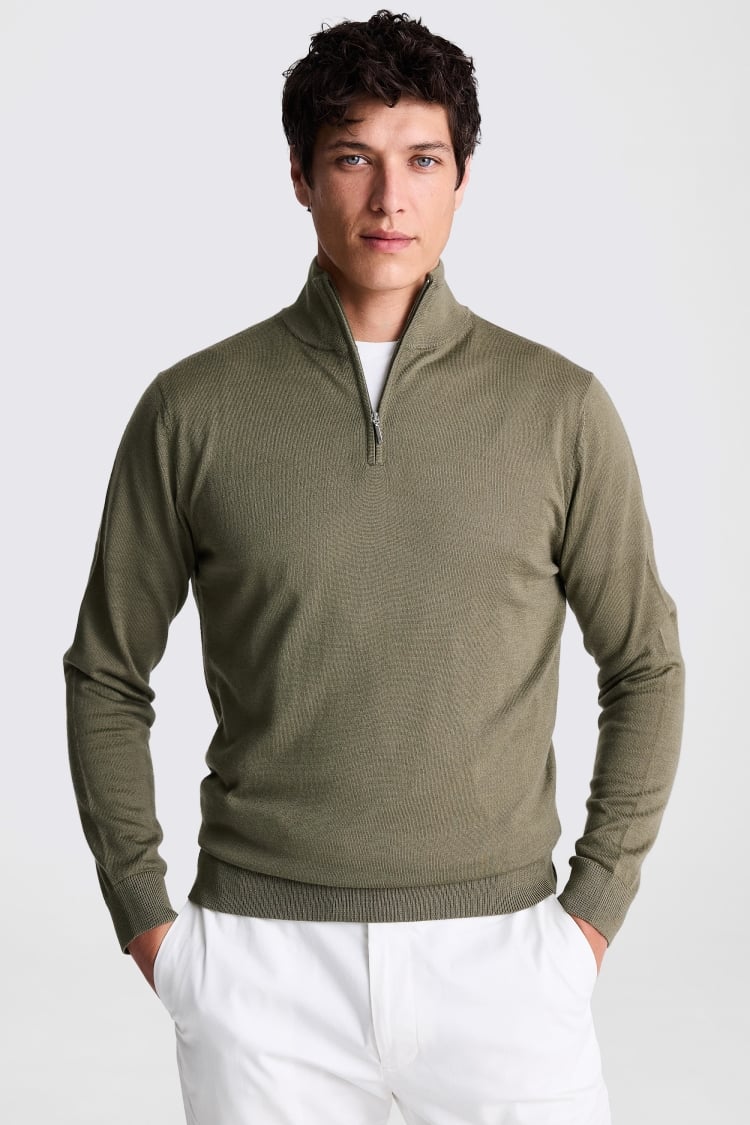 Olive Merino Zip-Neck Jumper