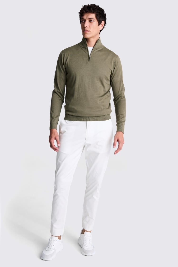 Olive Merino Zip-Neck Jumper