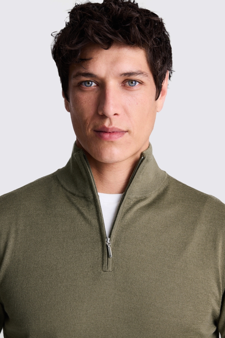 Olive Merino Zip-Neck Jumper