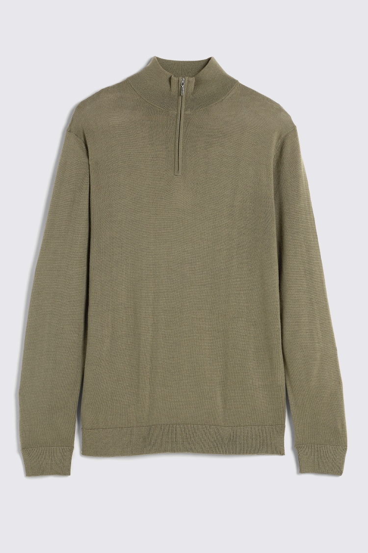 Olive Merino Zip-Neck Jumper