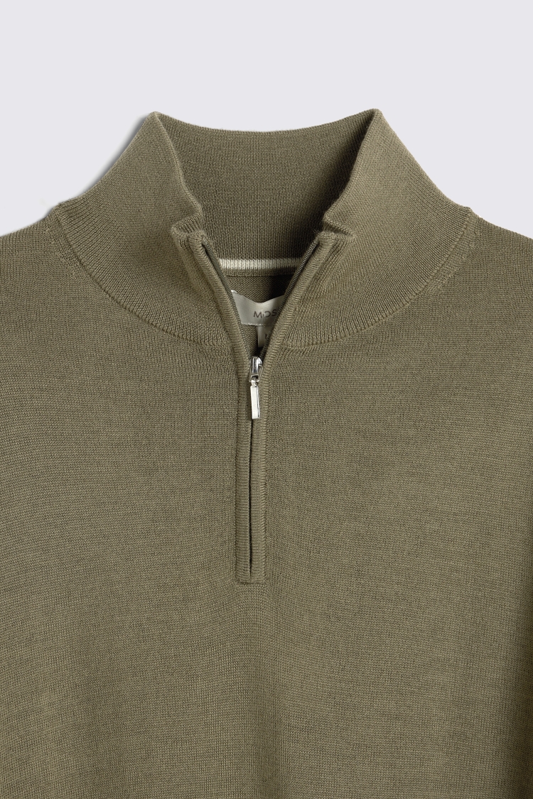 Olive Merino Zip-Neck Jumper