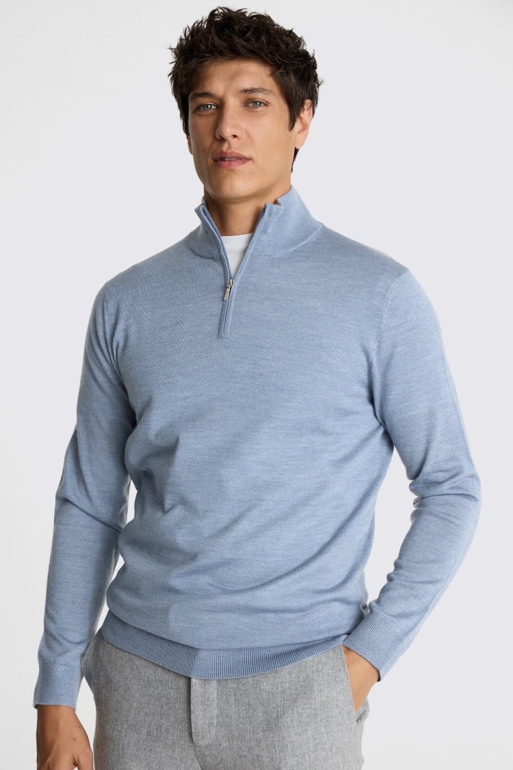 Steel Blue Merino Zip-Neck Jumper