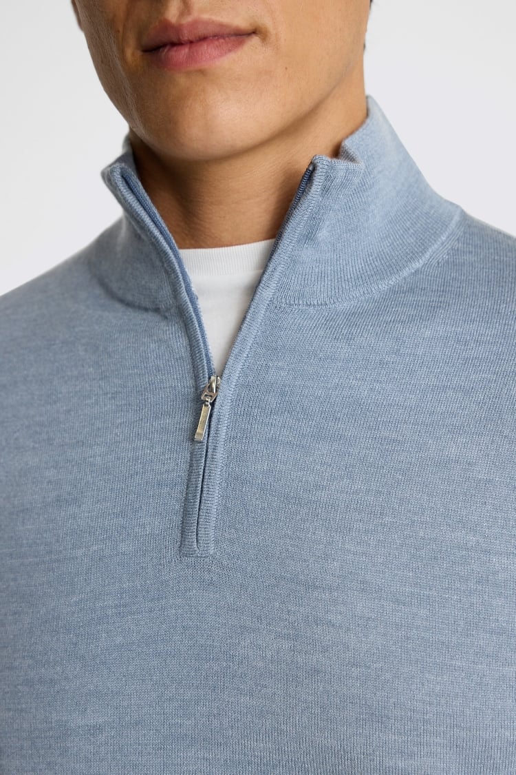 Steel Blue Merino Zip-Neck Jumper