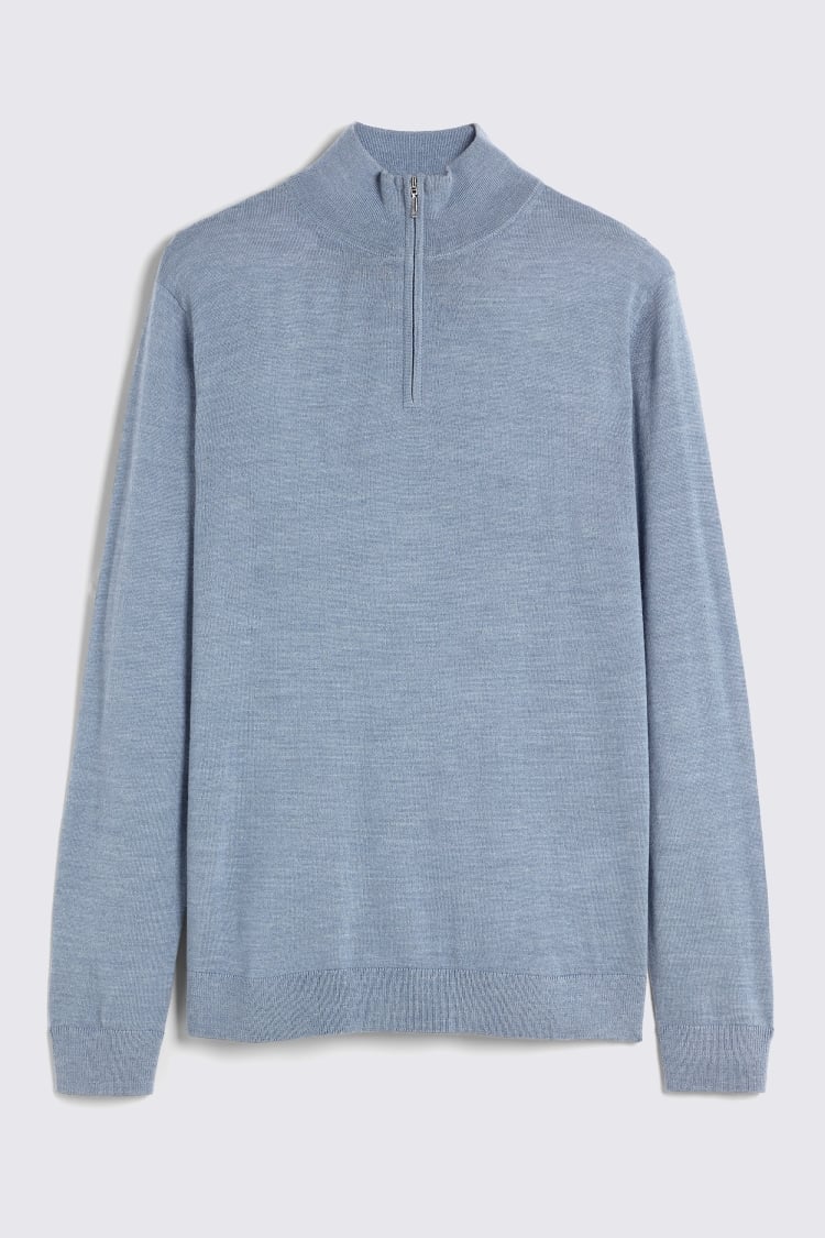 Steel Blue Merino Zip-Neck Jumper