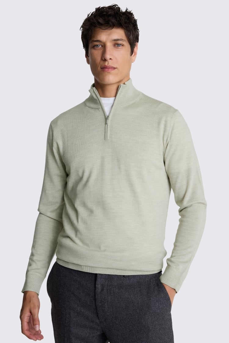 Light Sage Merino Zip-Neck Jumper