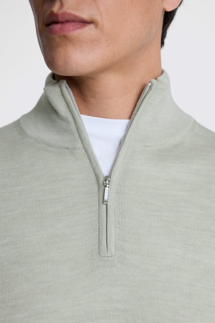 Light Sage Merino Zip-Neck Jumper