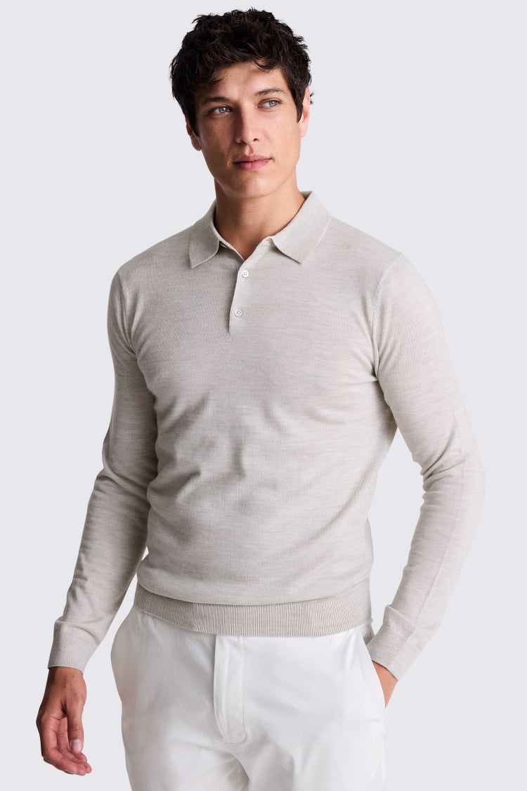 Oatmeal Merino-Blend 3 Button Polo Shirt