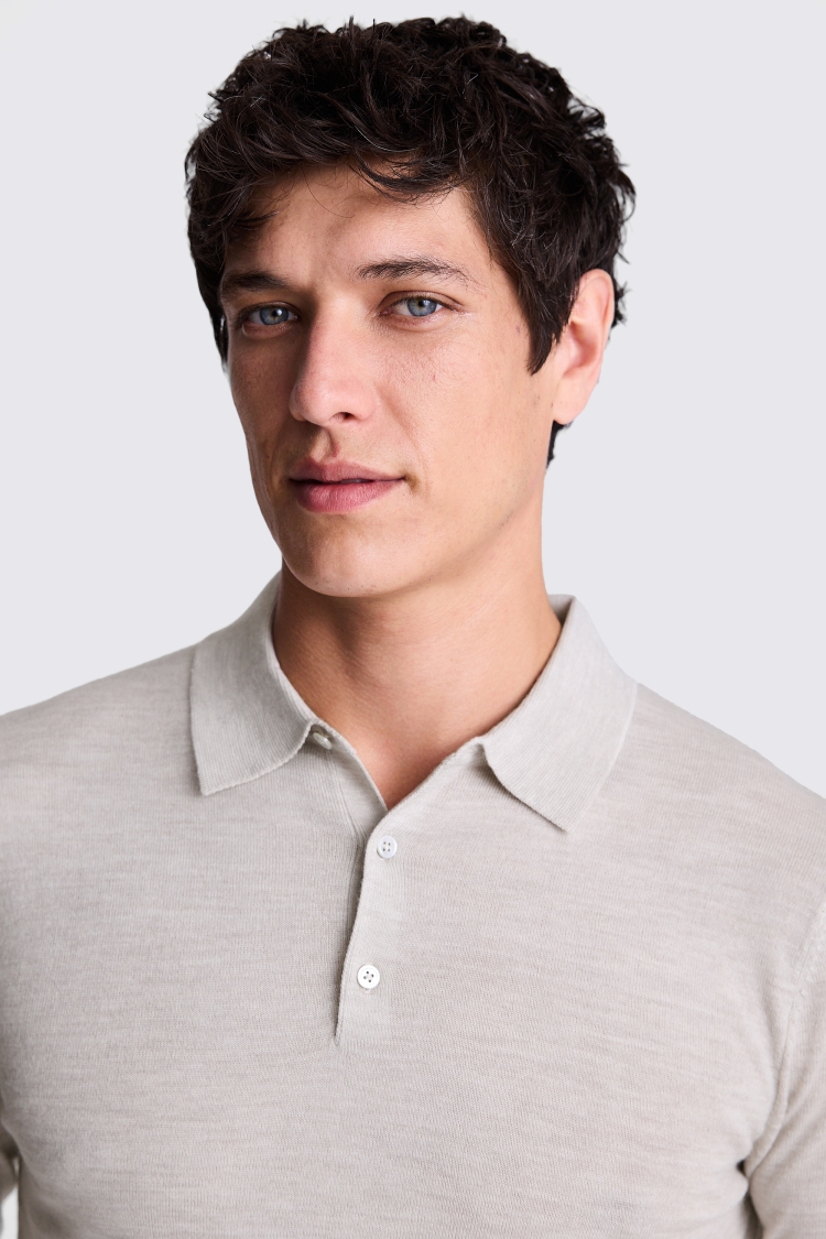 Oatmeal Merino-Blend 3 Button Polo Shirt