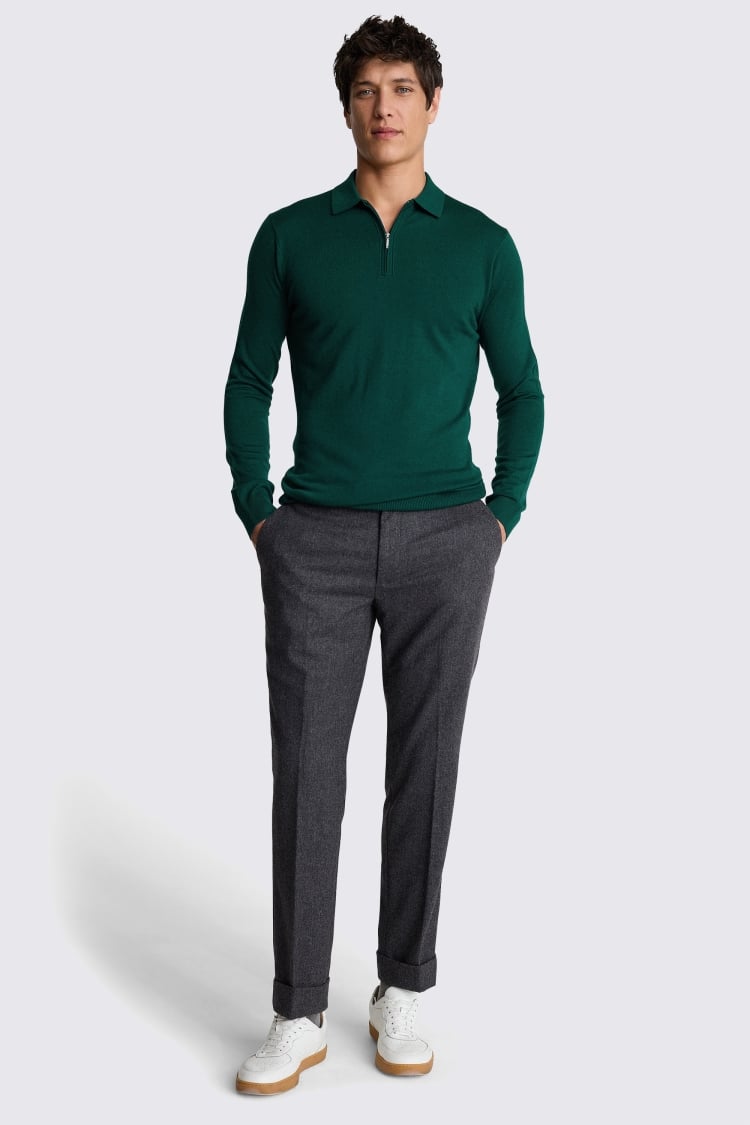 Emerald Green Merino-Blend Zip Polo Shirt