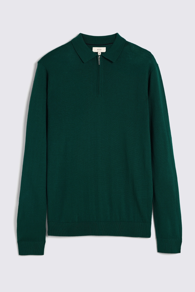 Emerald Green Merino-Blend Zip Polo Shirt