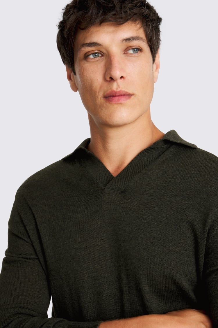 Khaki Merino-Blend Skipper Polo